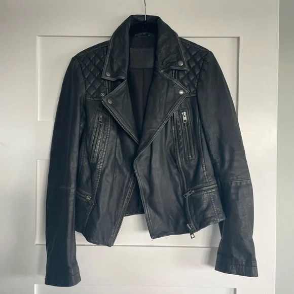All Saints Cargo Black Leather Motorcycle Jacket - Picture 6 of 16